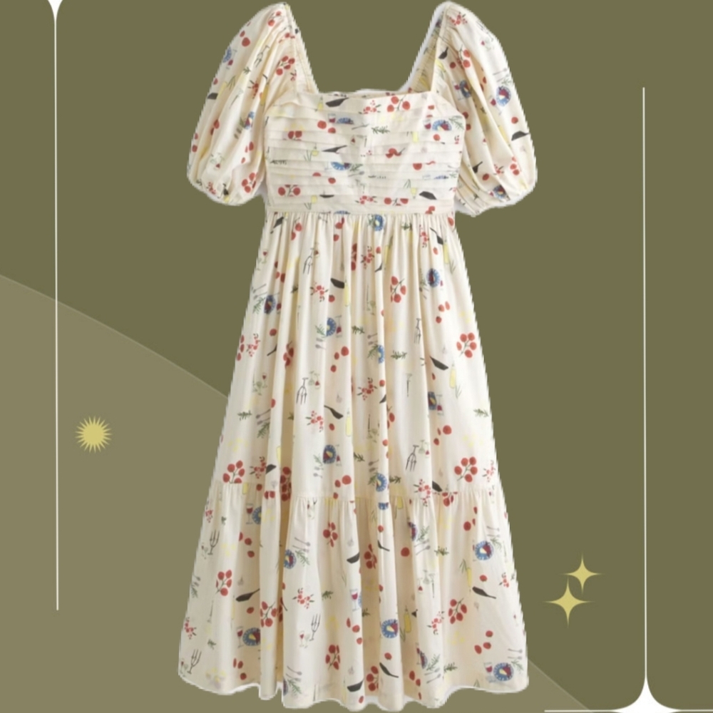 ✨nwt Abercrombie Emerson Puff Sleeve Midi Dress In Tuscan Food Print Size XSP